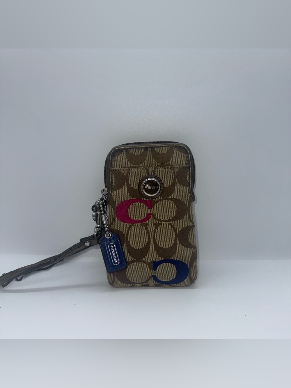 Vintage Coach Signature Monogram Phone Case Wristlet in Brown with Pink & Blue